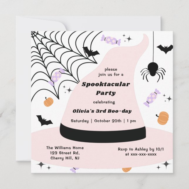 Invitación Halloween Gorra de brujas rosada de cualquier año  (Anverso)