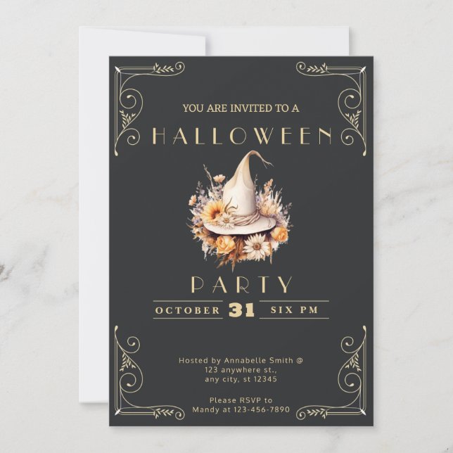 Invitación Halloween Gorra de la Bruja Negra y Oro (Anverso)