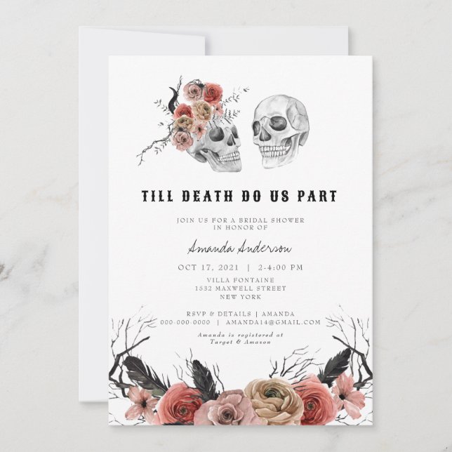 Invitación Halloween Gothic Floral Floral Floral Skull Bridal (Anverso)
