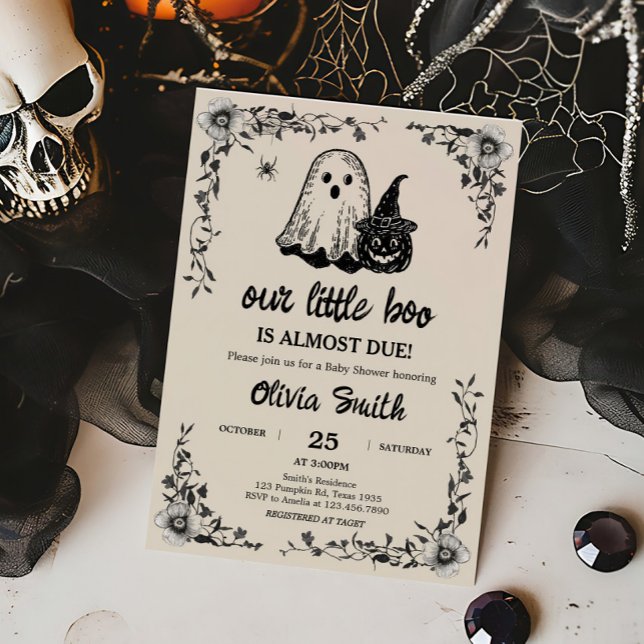 Invitación Halloween Gothic Vintage Baby Shower (Black Floral Gothic Little Boo Baby Shower Invitation)
