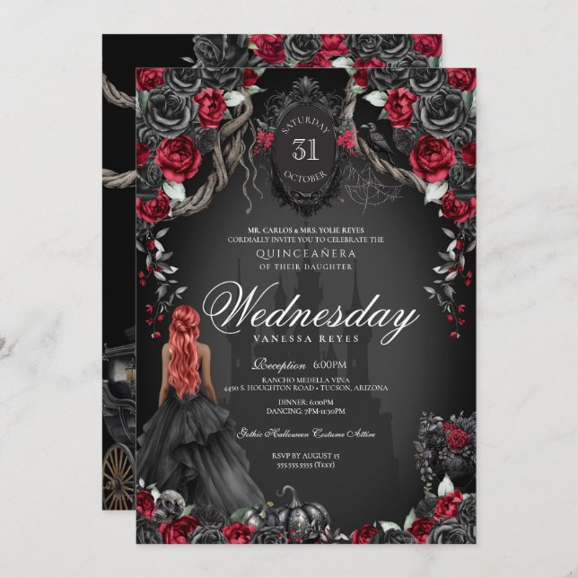 Invitación Halloween gótico del Rosa negro rojo Quinceañera (Anverso / Reverso)