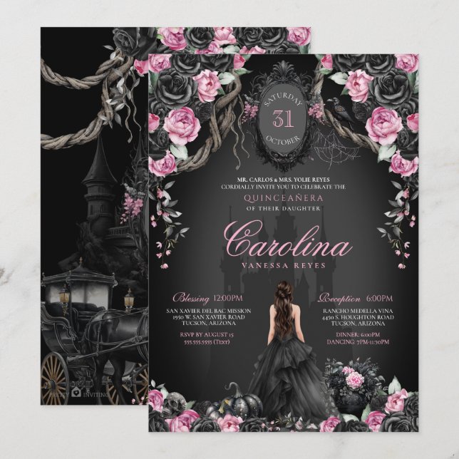 Invitación Halloween gótico Quinceanera Princesa Negra y Rosa (Anverso / Reverso)