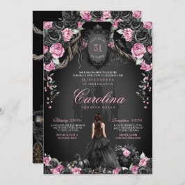 Invitación Halloween gótico Quinceanera Princesa Negra y Rosa