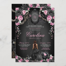 Invitación Halloween gótico Rosa negro y quinceañera rosada