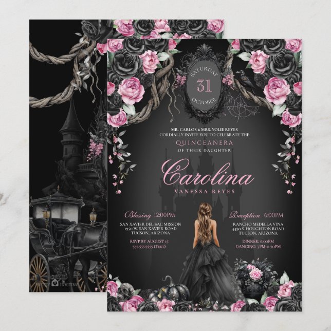 Invitación Halloween gótico Rosas negros rosados Quinceañera (Anverso / Reverso)