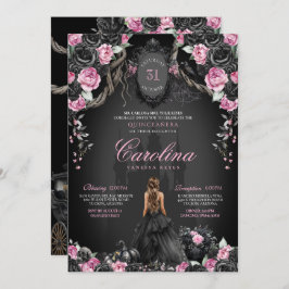 Invitación Halloween gótico Rosas negros rosados Quinceañera