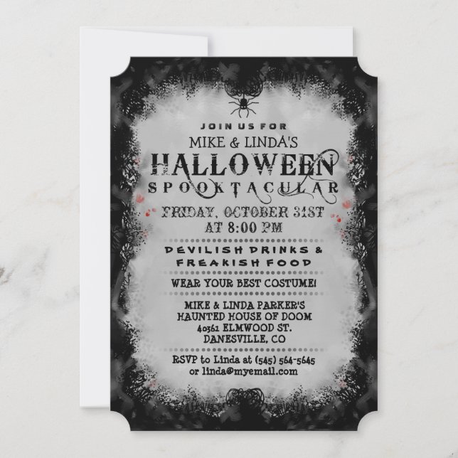 Invitación Halloween góticos negros y grises de Spooktacular (Anverso)