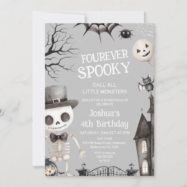 Invitación Halloween Gray Boys Fourever Spooky 4º cumpleaños (Anverso)
