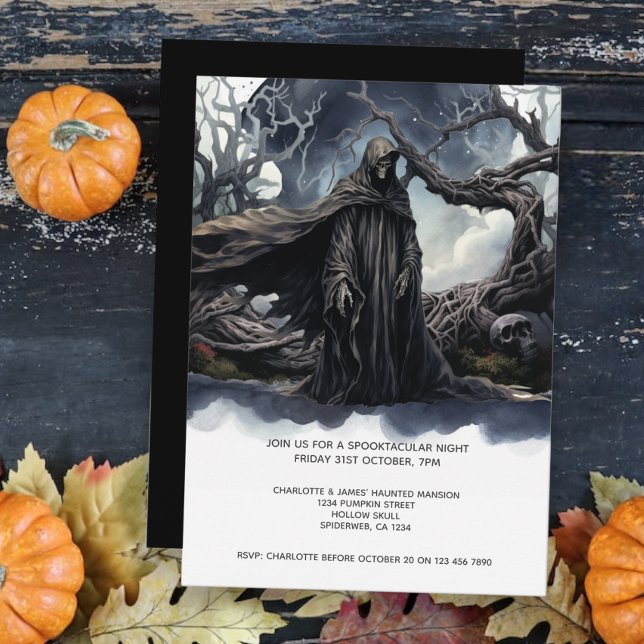 Invitación Halloween Grim Reaper (Halloween Grim Reaper Invitation from Ricaso. A spooky haunting scene ideal for your Hallows Eve)