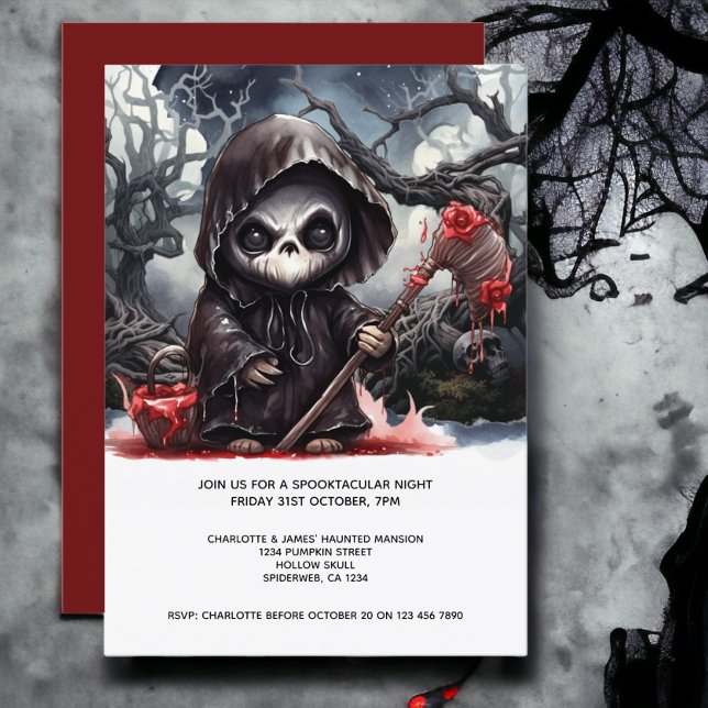 Invitación Halloween Grim Reaper (Halloween Grim Reaper Invitation from Ricaso. Features a cute grim reaper with a bloody scythe)