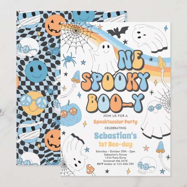 Invitación Halloween Groovy Cute Ghost Primer Fiesta de cumpl (Anverso / Reverso)