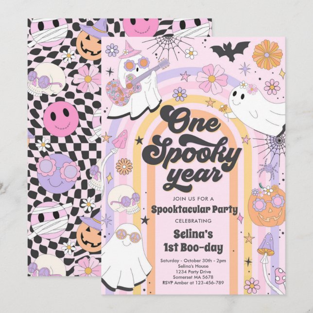 Invitación Halloween Groovy Cute Ghost Primer Fiesta de cumpl (Anverso / Reverso)