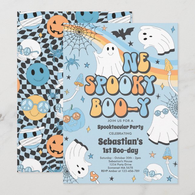 Invitación Halloween Groovy Cute Ghost Primer Fiesta de cumpl (Anverso / Reverso)