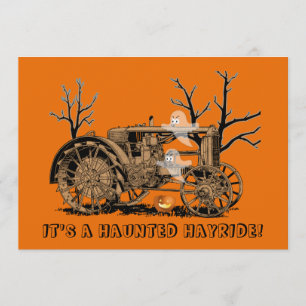Invitación Halloween Hauned Hay Ride Farm Tractor Ghosts