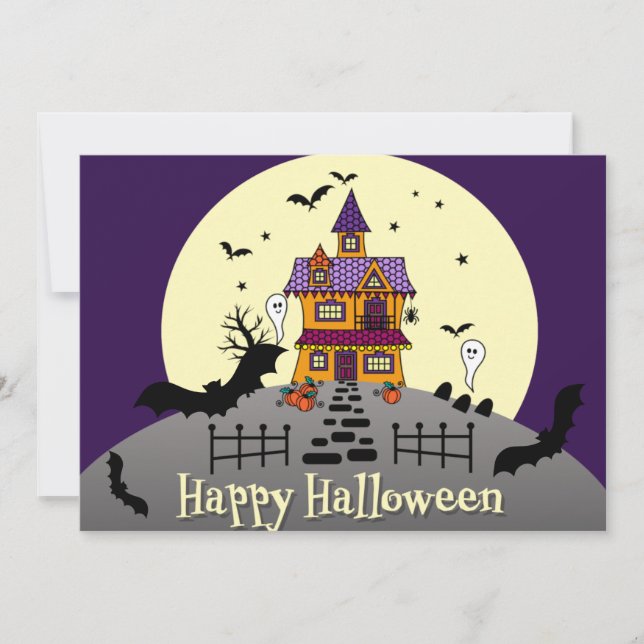 Invitación Halloween Hauned House Black Bat Full Moon Purple (Anverso)