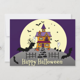 Invitación Halloween Hauned House Black Bat Full Moon Purple