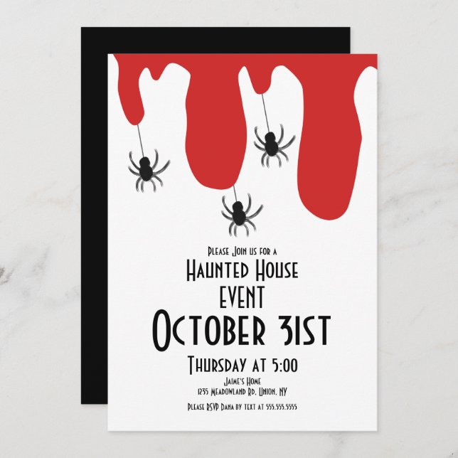 Invitación Halloween Haunted House Blood Spiders (Anverso / Reverso)
