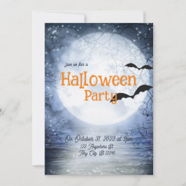 Invitación Halloween Haunting Full Moon Blue White Bats