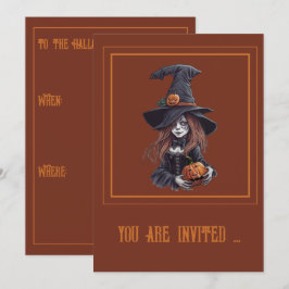 Invitación Halloween-Hexe mit Kürbis -