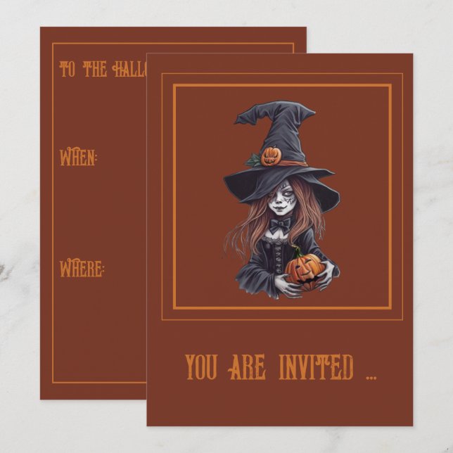 Invitación Halloween-Hexe mit Kürbis -  (Anverso / Reverso)