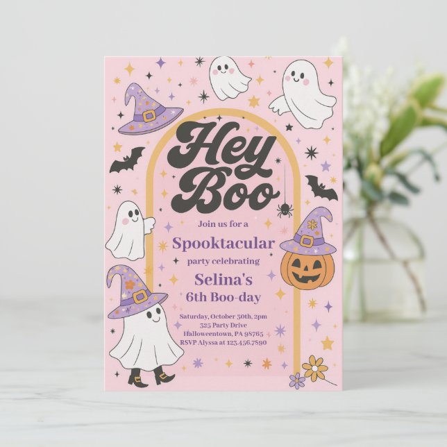 Invitación Halloween Hey Boo Cute Fantasma (Anverso de pie)
