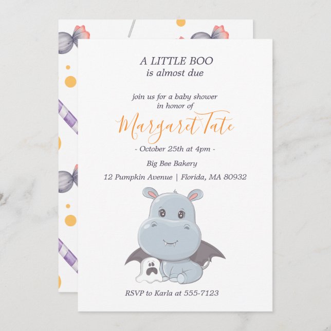 Invitación Halloween Hippotamus Little Boo Baby Shower (Anverso / Reverso)