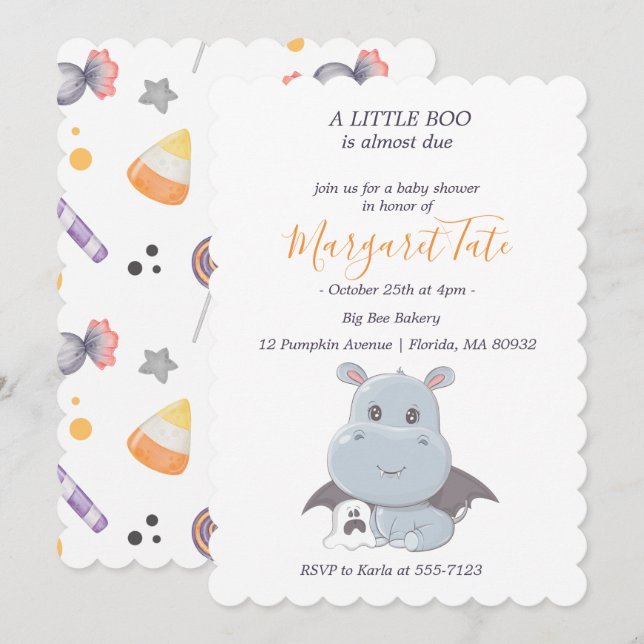 Invitación Halloween Hippotamus Little Boo Baby Shower (Anverso / Reverso)