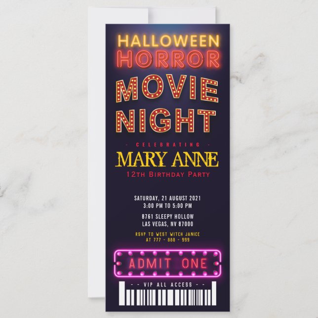 Invitación Halloween Horror Fiesta de cine Ticket Pass Cumple (Anverso)