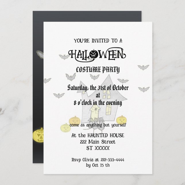 Invitación Halloween House, gatos negros, murciélagos, calaba (Anverso / Reverso)