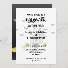 Invitación Halloween House, gatos negros, murciélagos, calaba