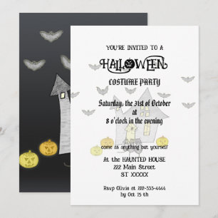 Invitación Halloween House, gatos negros, murciélagos, calaba