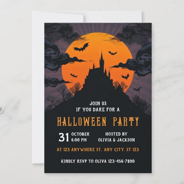 Invitación Halloween House, Moon, Bat, Fiesta nocturno (Anverso)