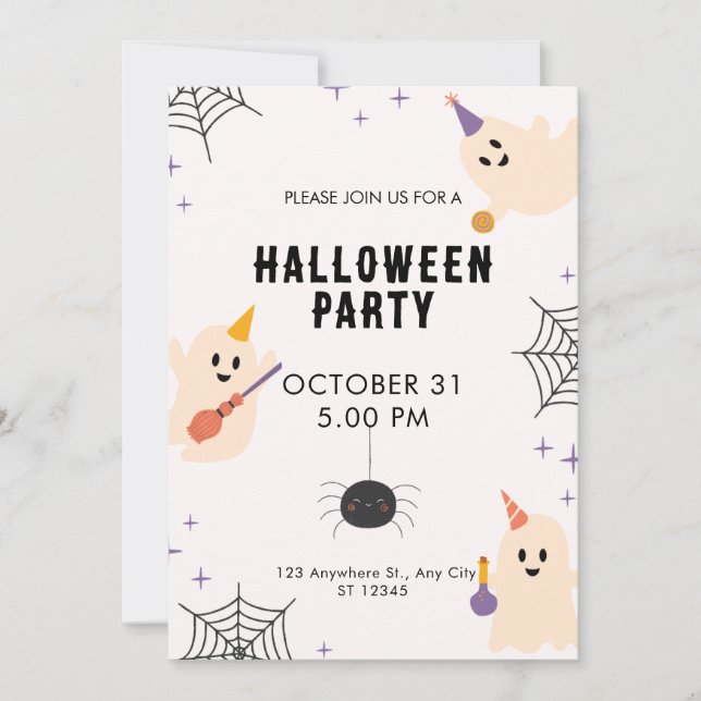 Invitación Halloween ilustrativo y lúdico Naranja negro beige (Anverso)