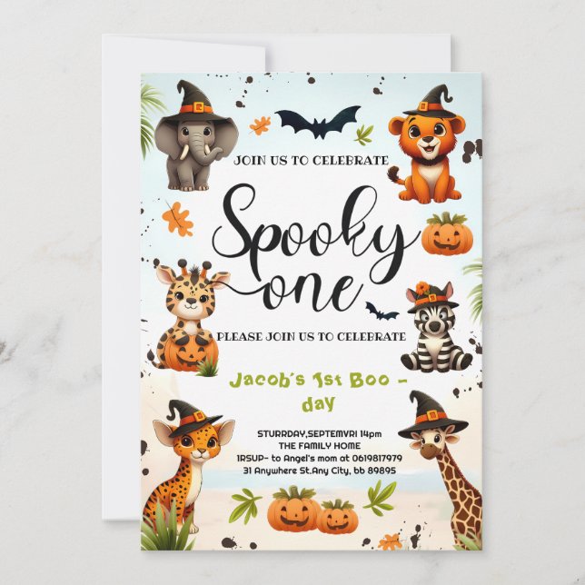 Invitación Halloween Jungle Safari Animals Niño primer cumple (Anverso)