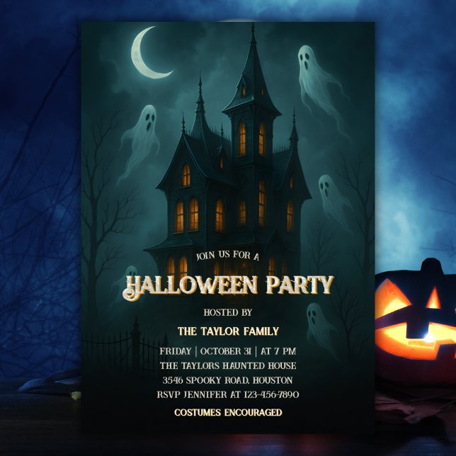 Invitación Halloween, la casa embrujada Fantasma Fantasma (Haunted House and Ghosts Halloween Party Invitation Spooky Full Moon Night Costume Party)