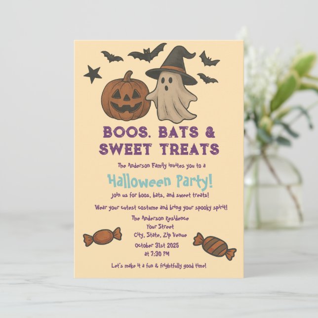 Invitación Halloween lindo - Fiesta de calabaza pastel y dulc (Anverso de pie)