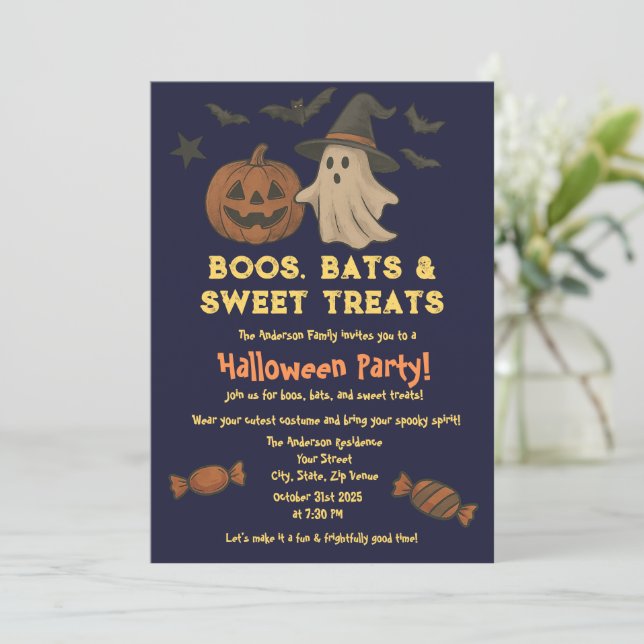 Invitación Halloween lindo - Fiesta de calabaza pastel y dulc (Anverso de pie)