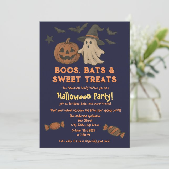 Invitación Halloween lindo - Fiesta de calabaza pastel y dulc (Anverso de pie)