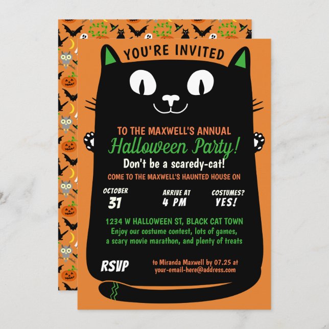 Invitación Halloween lindo gato negro Fiesta Spooktacular (Anverso / Reverso)