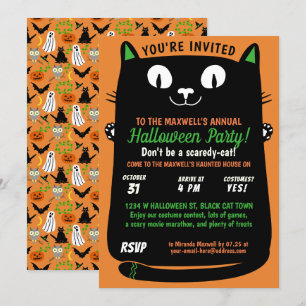 Invitación Halloween lindo gato negro Fiesta Spooktacular
