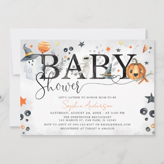 Invitación Halloween Little Bompkin Baby Shower (Anverso)