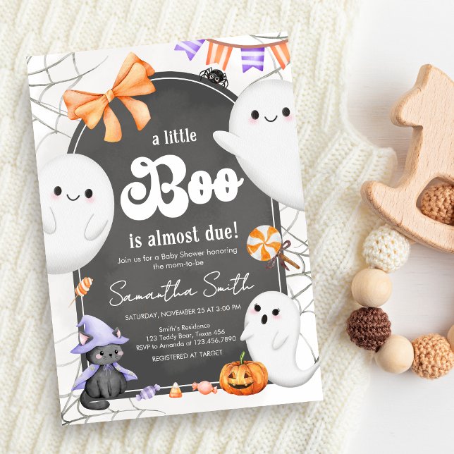 Invitación Halloween Little Boo Ghost Baby Shower (Halloween A Little Boo is Almost Due Ghost Baby Shower Invitation)