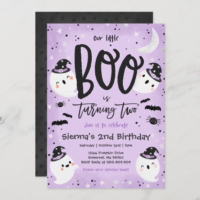 Invitación Halloween Little Boo Purple Ghost 2º cumpleaños (Anverso / Reverso)