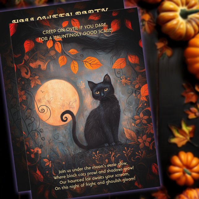 Invitación Halloween Luna Llena Negro Gato Ornato Fiesta Adul (Halloween Full Moon Black Cat Ornate Adult Party Invitation)