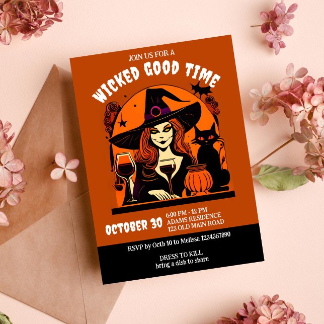 Invitación Halloween malvados buenos tiempos bruja y adultos  (Halloween wicked good time witch and wine party template invitation instant download groovy retro)