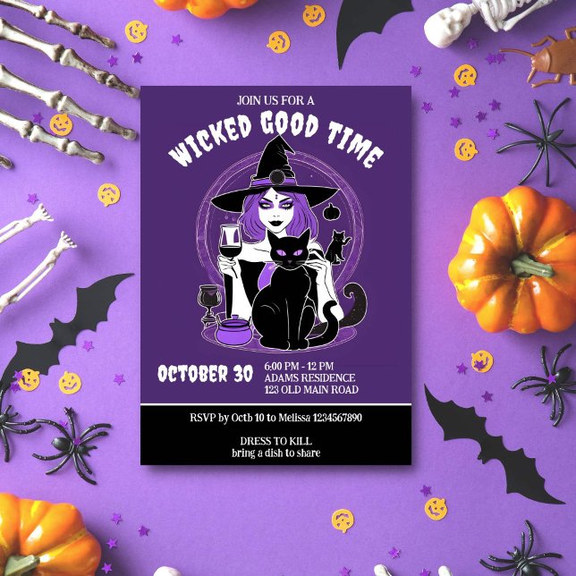Invitación Halloween malvados buenos tiempos bruja y adultos  (Wicked good time adults Halloween party template invitation digital download chic young witch wine )