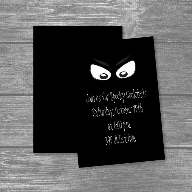 Invitación Halloween Minimalista Cuta Whimsical Ghost Eyes (Black Halloween cocktail party invitation with spooky glowing eyes design.)