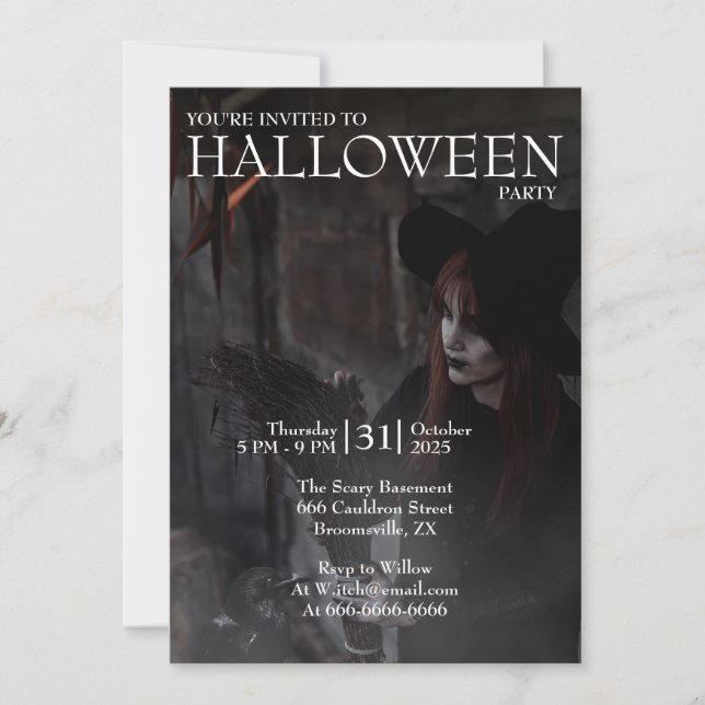 Invitación Halloween Modern Gothic Witch Broom Dark Photo (Anverso)