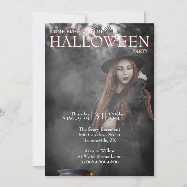 Invitación Halloween Moderna Bruja gótica elaborando foto osc (Anverso)