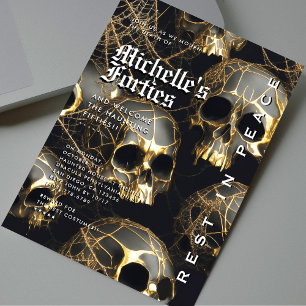 Invitación Halloween moderno 50 cumpleaños Cráneo de oro negr